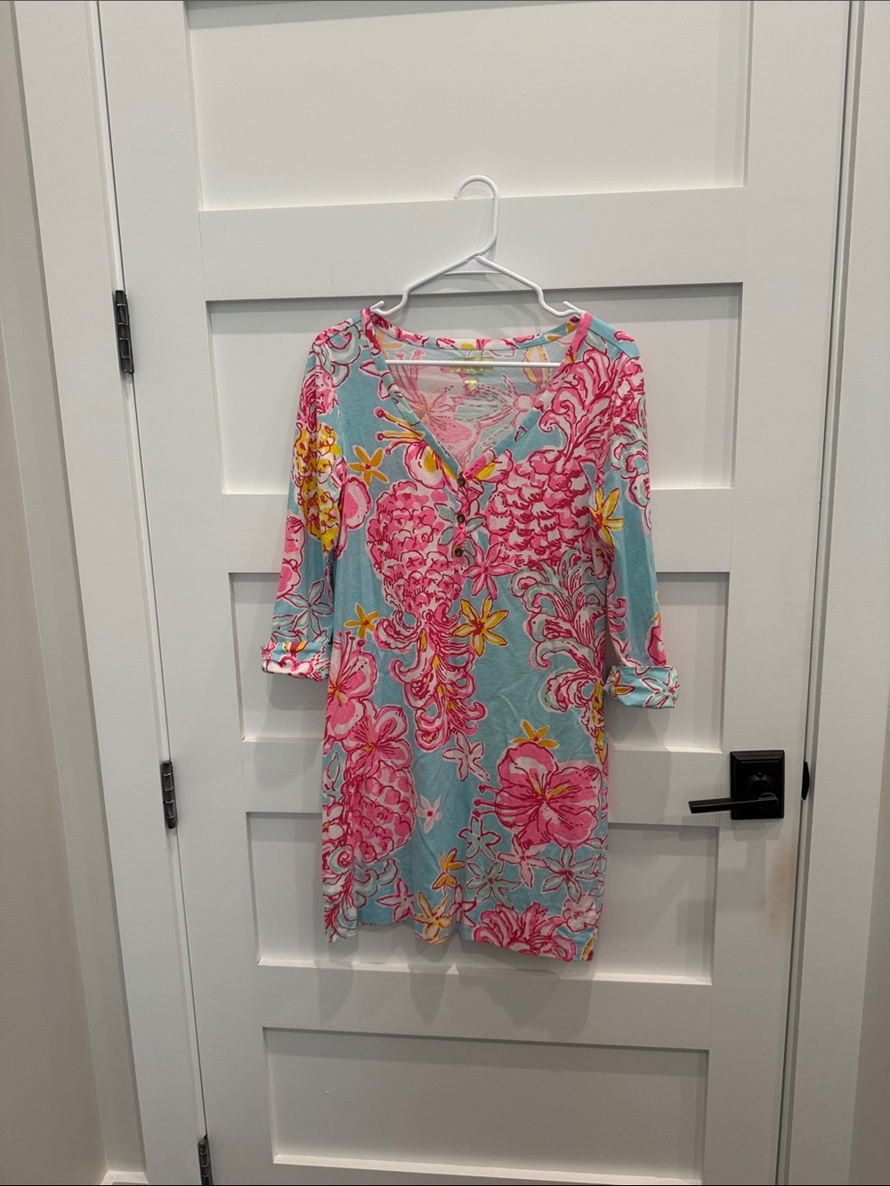 Lilly Pulitzer Pink Floral Dress on Light Blue